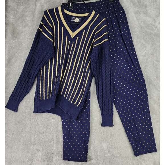 Melbourne Classix Sweater Set Womens Medium Blue Gold Sequined Vintage 2 Piece - Picture 1 of 16